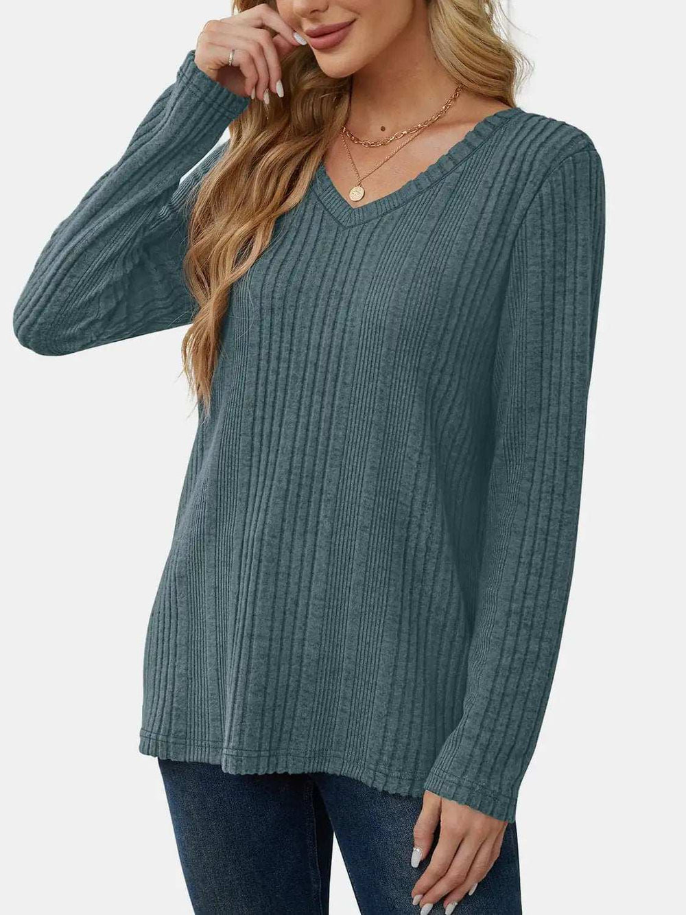 V-Neck Long Sleeve T-Shirt - Trendsi - Flyclothing LLC