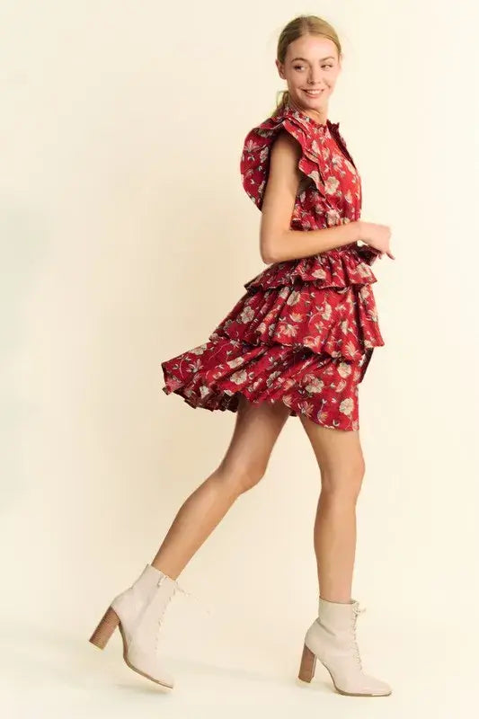 Davi & Dani Ruffle Flutter Sleeve Tie Belt Tiered Mini Dress - Trendsi - Flyclothing LLC