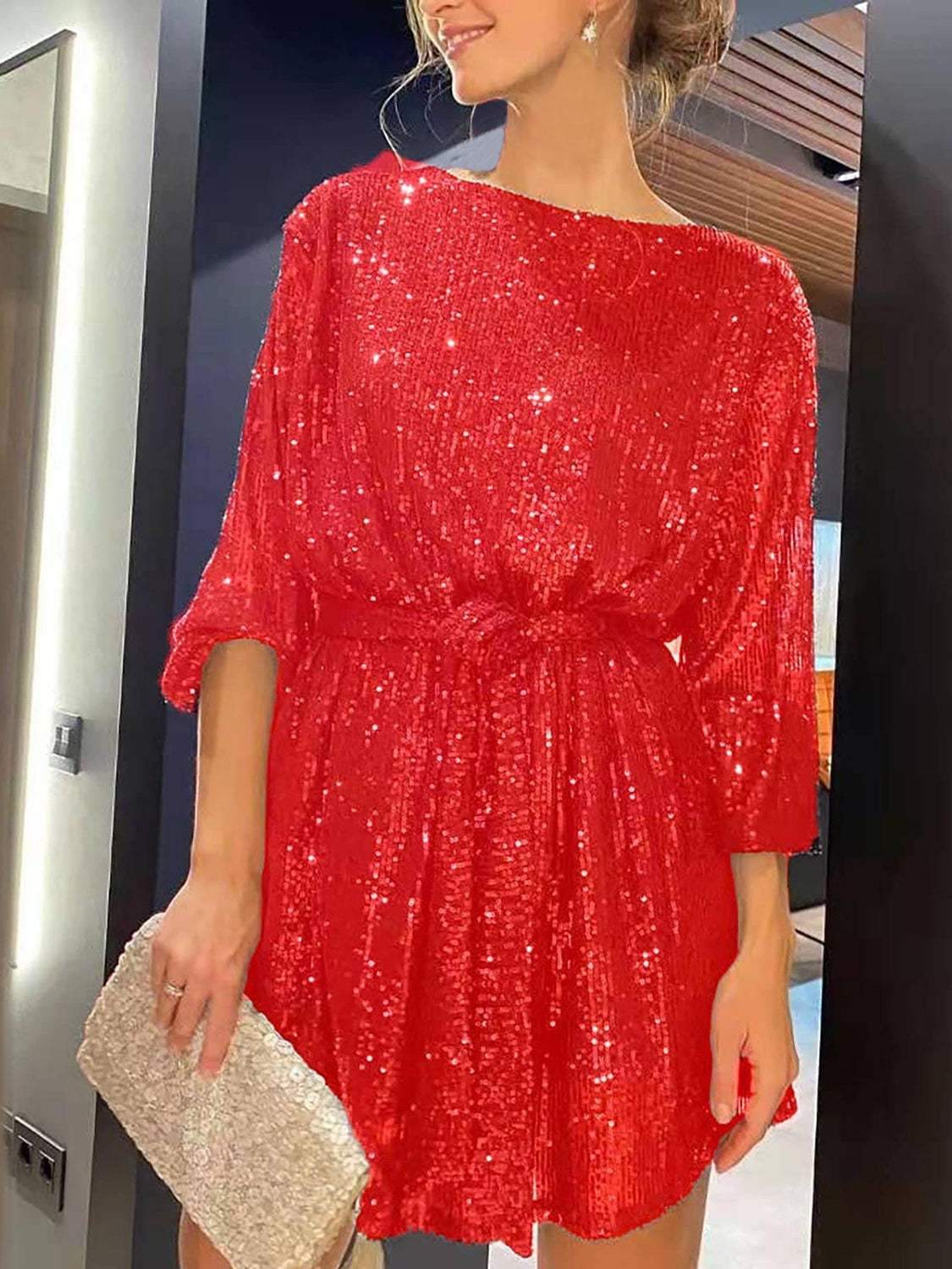 Sequin Tie Waist Long Sleeve Mini Dress - Trendsi - Flyclothing LLC