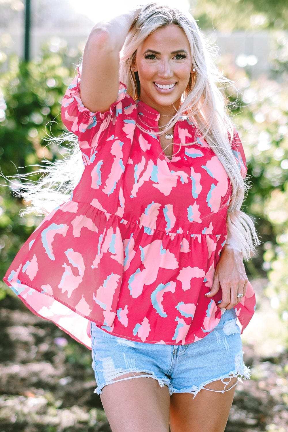 Peplum Printed Notched Short Sleeve Blouse - Trendsi - Flyclothing LLC