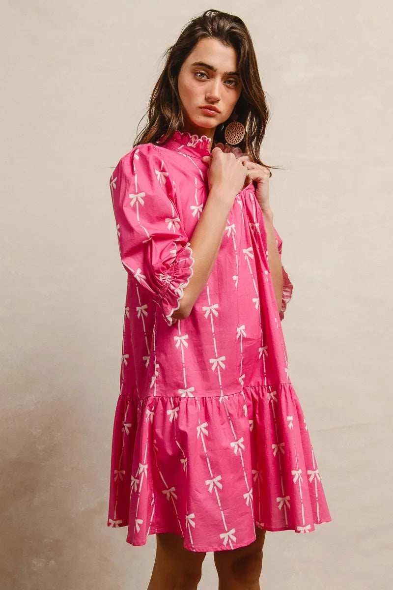 BiBi Ribbon Patterns With Scallops Edge Details Short Sleeve Dress - Trendsi - Flyclothing LLC
