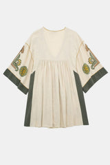 Printed V-Neck Three-Quarter Sleeve Mini Dress - Trendsi