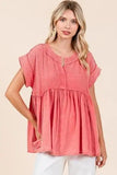 Mittoshop Mixed Media Mineral Wash Babydoll Short Sleeve Blouse - Trendsi