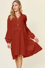 Double Take Full Size Texture Half Button Ruffle Trim Dress - Trendsi - Flyclothing LLC