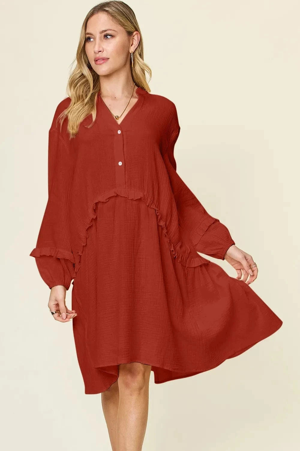 Double Take Full Size Texture Half Button Ruffle Trim Dress - Trendsi
