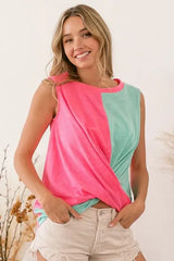 BiBi Slub Terry Color Block Twisted Top - Trendsi - Flyclothing LLC