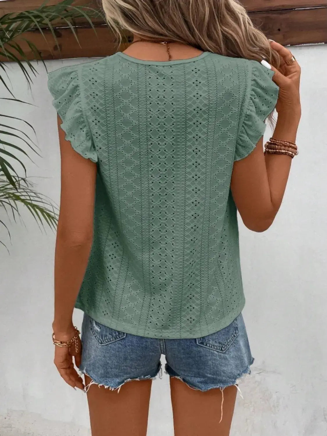 Eyelet Round Neck Cap Sleeve Top - Trendsi - Flyclothing LLC