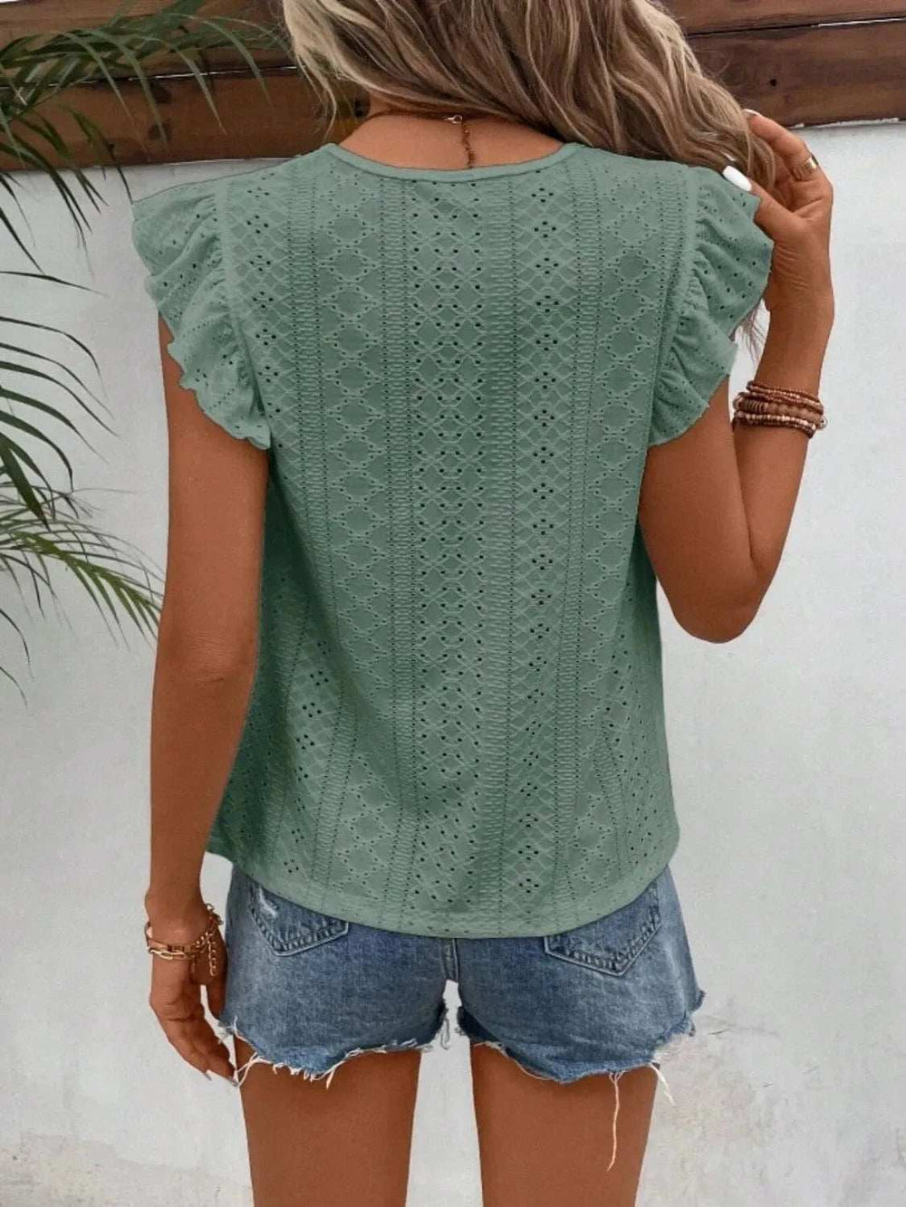 Eyelet Round Neck Cap Sleeve Top - Trendsi - Flyclothing LLC