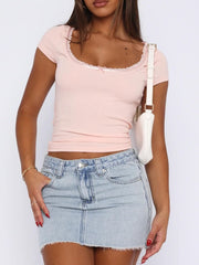 Lace Detail Scoop Neck Short Sleeve T-Shirt - Trendsi