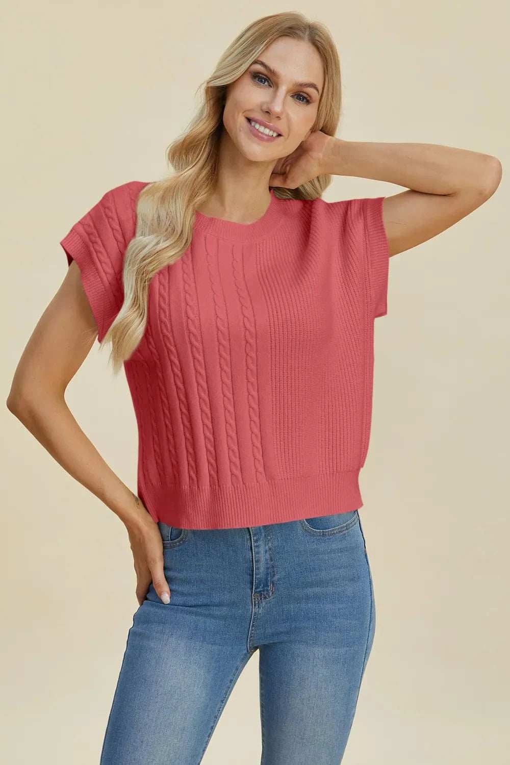 Double Take Full Size Cable-Knit Round Neck Short Sleeve Sweater - Trendsi - Flyclothing LLC