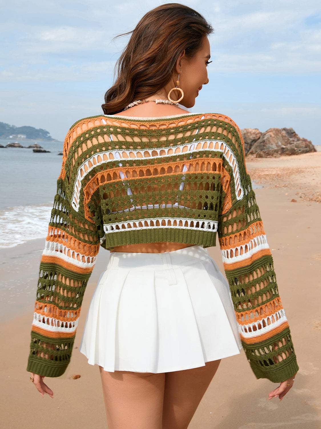 Openwork Boat Neck Dropped Shoulder Cover-Up - Trendsi - Flyclothing LLC