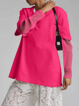 Faux Layered Round Neck Mesh Sleeve Top - Trendsi - Flyclothing LLC