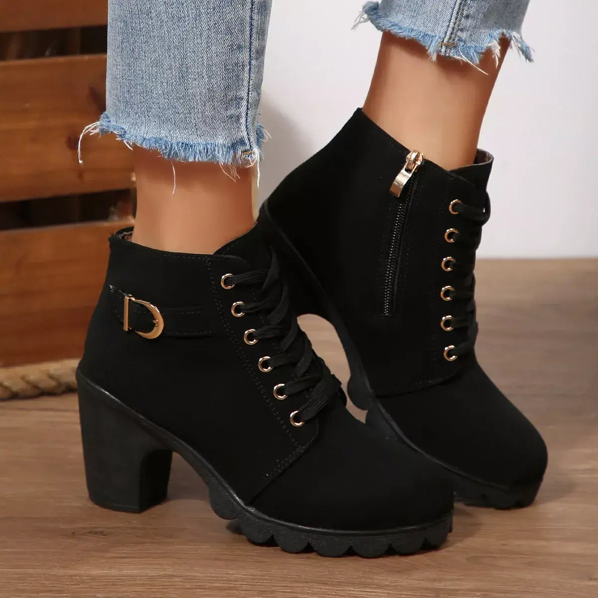 Lace Up Block Heels Boots - Trendsi - Flyclothing LLC