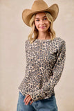 BiBi Leopard Print Washed Waffle Thermal Top with Thumb - Trendsi - Flyclothing LLC