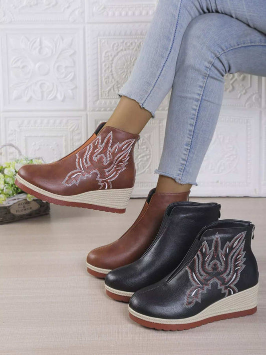 Round Toe Wedge Ankle Boots - Trendsi - Flyclothing LLC