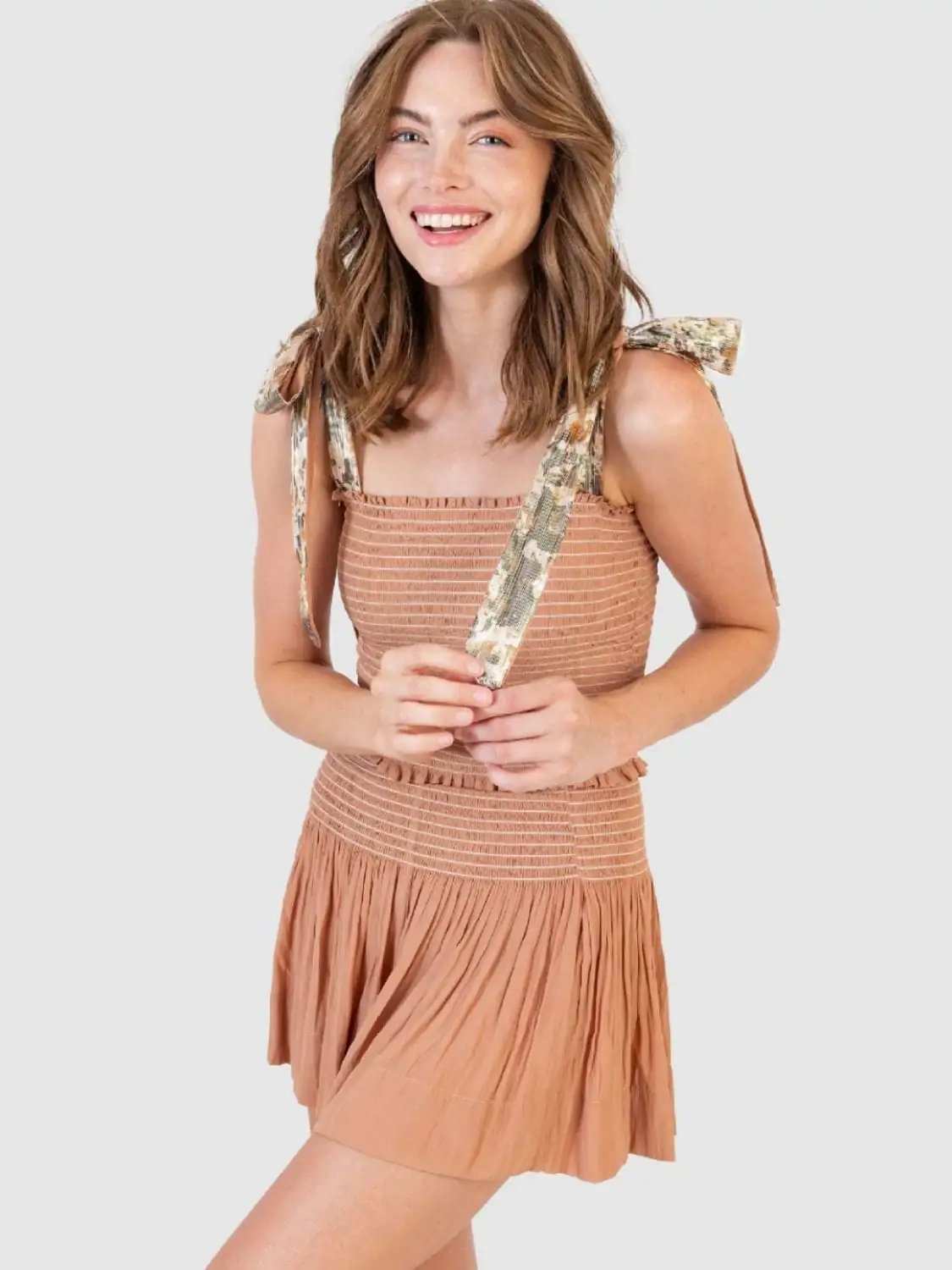 Smocked Tie Shoulder Top and Mini Skirt Set - Trendsi - Flyclothing LLC