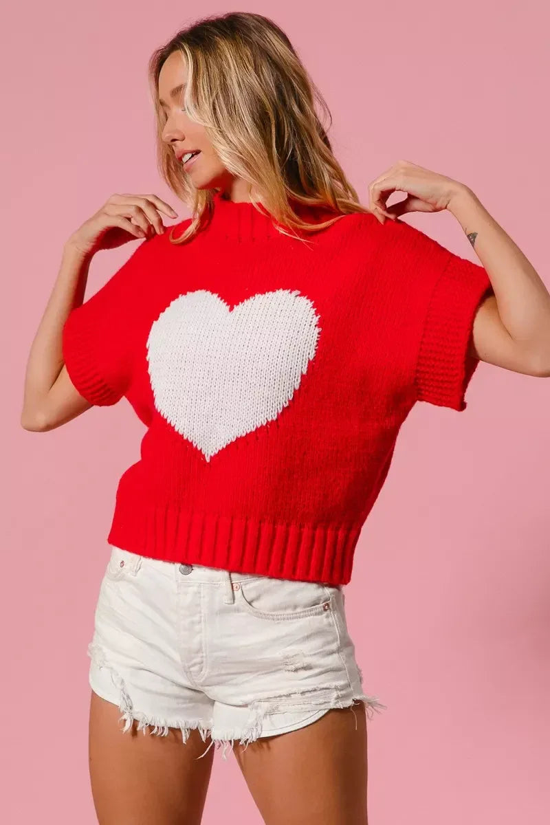 BiBi Rib Banded Heart Pattern Valentines Sweater - Trendsi - Flyclothing LLC