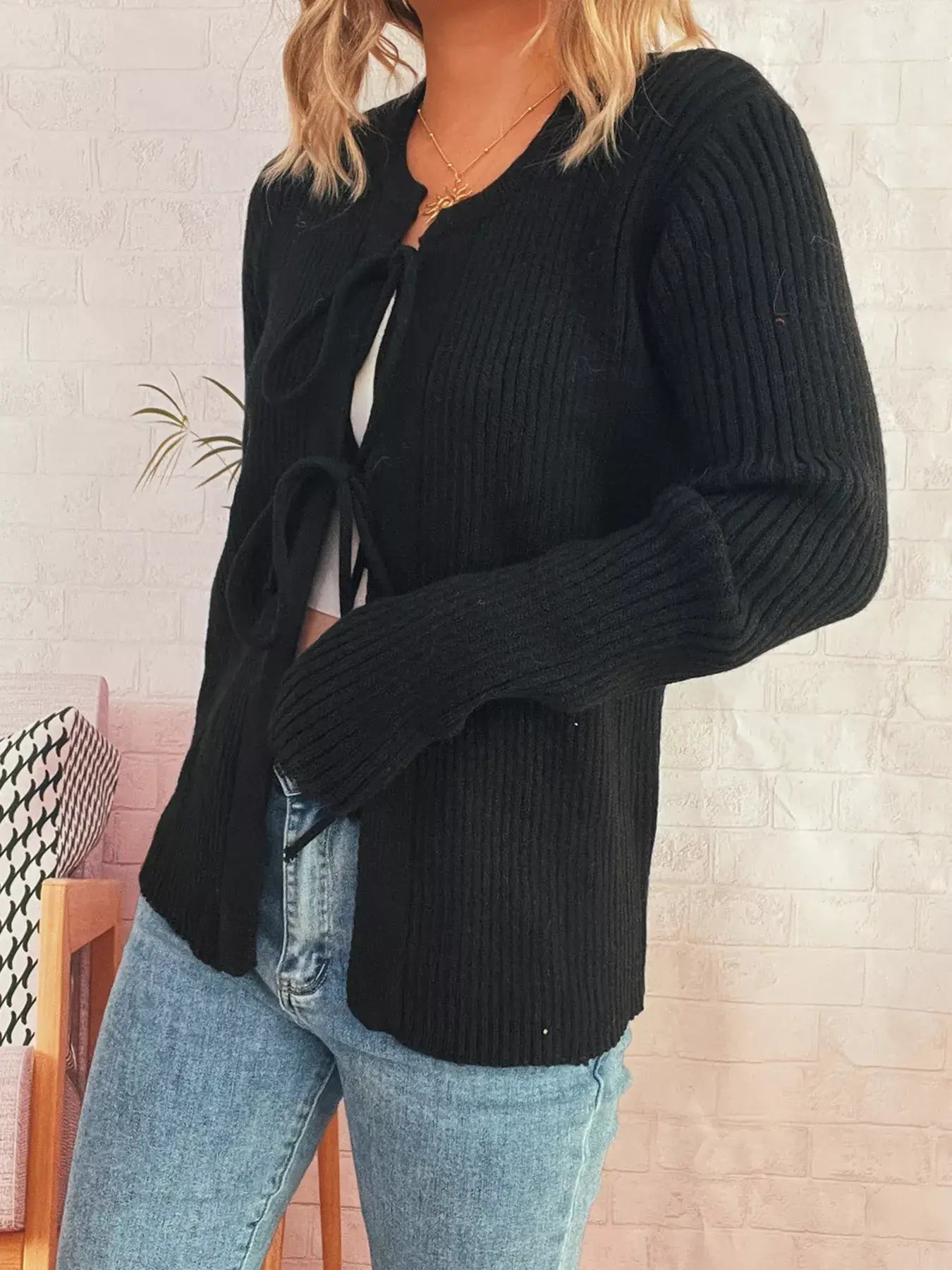Ribbed Tie Front Long Sleeve Cardigan - Trendsi - Flyclothing LLC