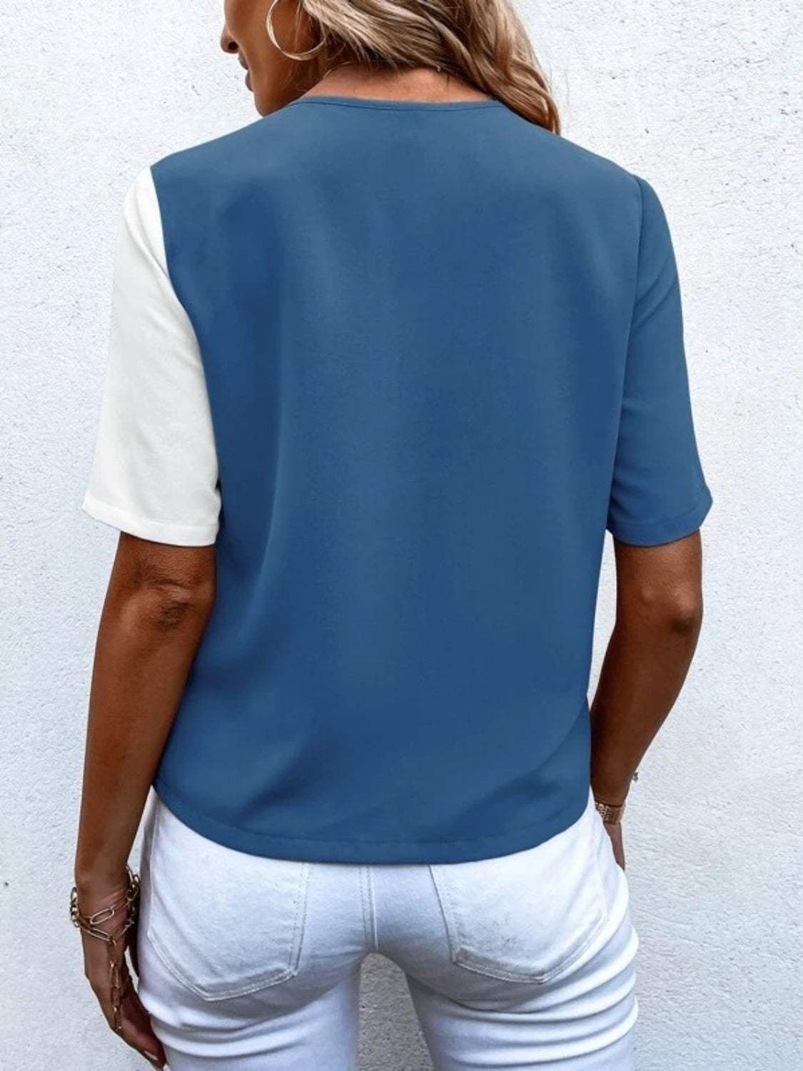 Decorative Button Surplice Short Sleeve Blouse - Trendsi - Flyclothing LLC