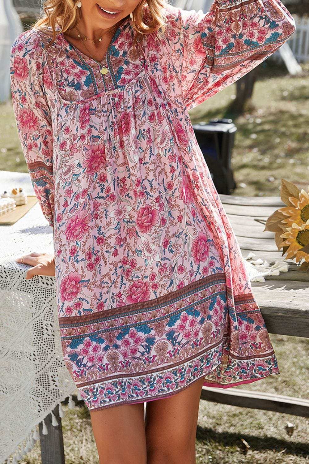 Devine Printed Tie Neck Mini Dress - Trendsi - Flyclothing LLC