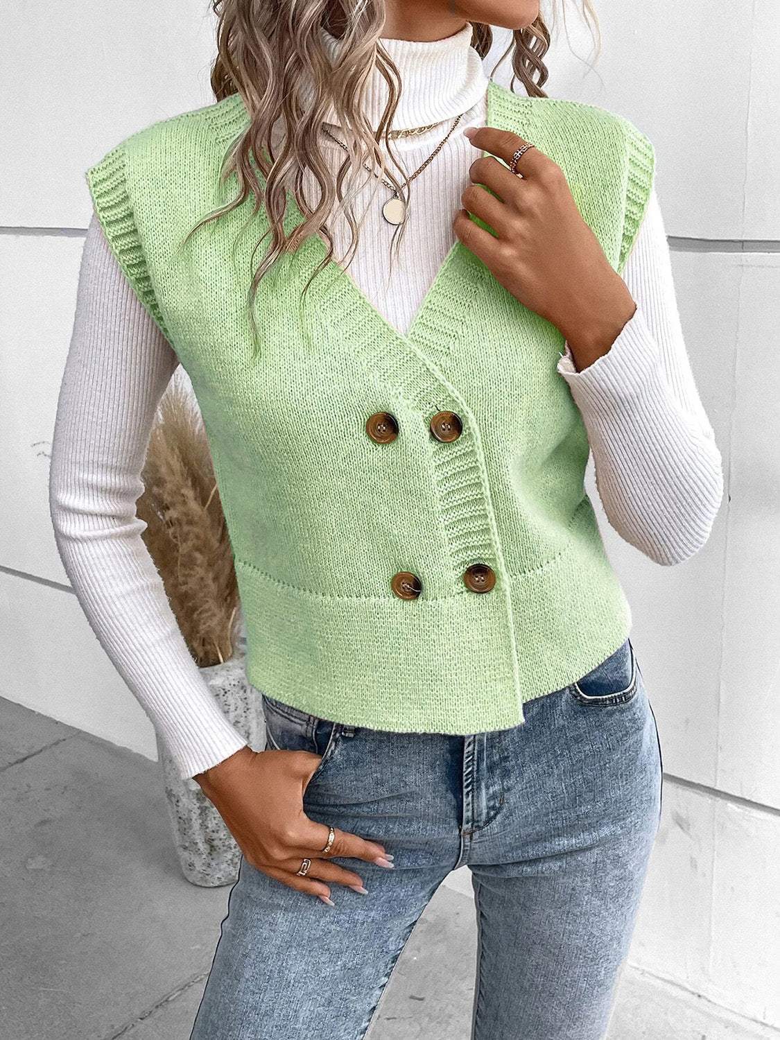 Full Size Button Up V-Neck Sweater Vest - Trendsi - Flyclothing LLC