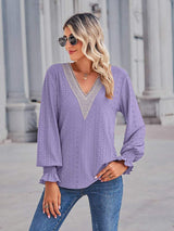 V-Neck Eyelet Flounce Sleeve Blouse - Trendsi - Flyclothing LLC