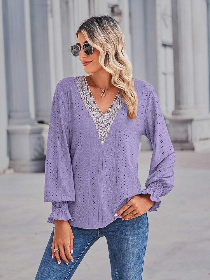 V-Neck Eyelet Flounce Sleeve Blouse - Trendsi - Flyclothing LLC