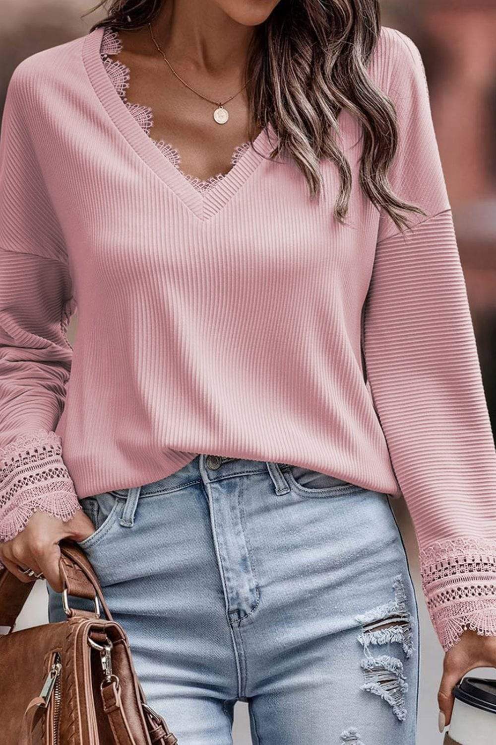 Lace Detail V-Neck Long Sleeve T-Shirt - Trendsi - Flyclothing LLC