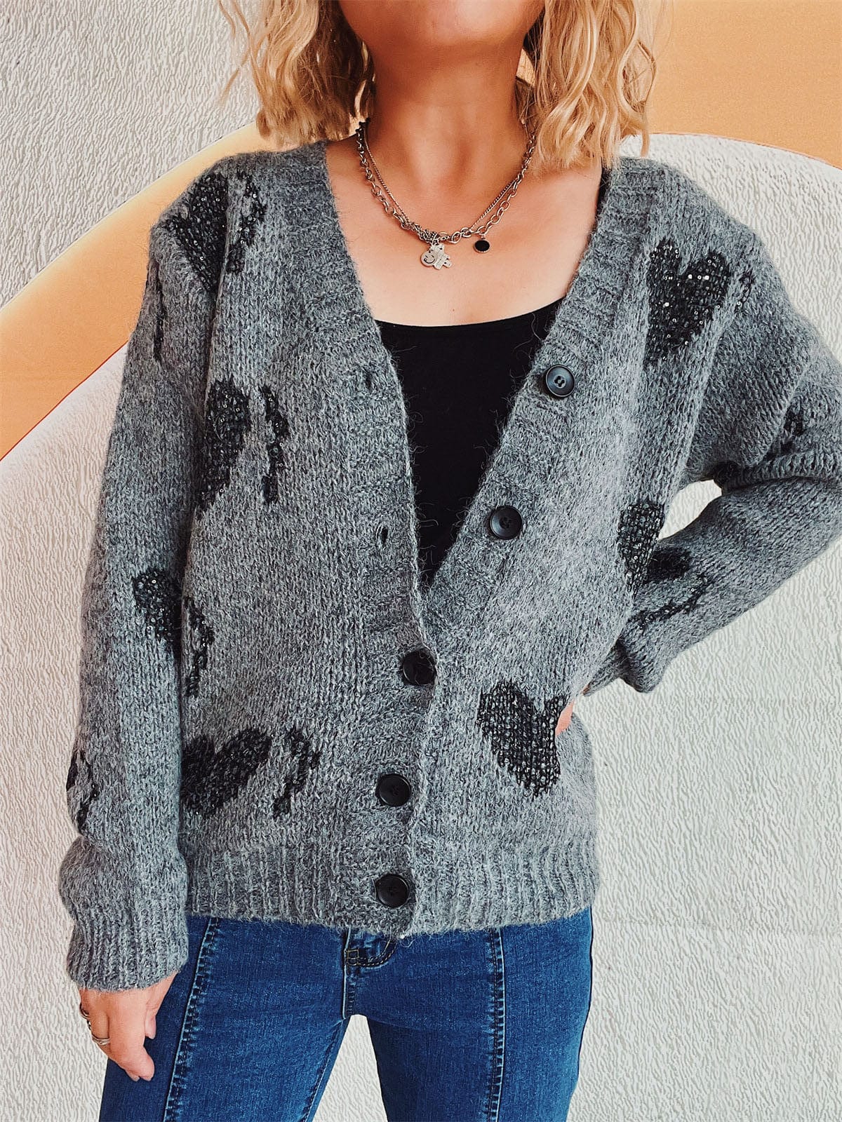 Heart Button Up Long Sleeve Cardigan - Trendsi