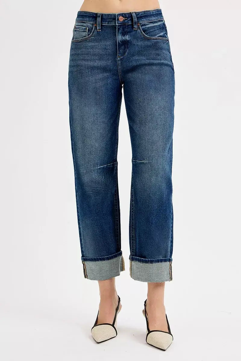 RISEN Slouchy Crop Barrel Cuffed Jeans - Trendsi - Flyclothing LLC