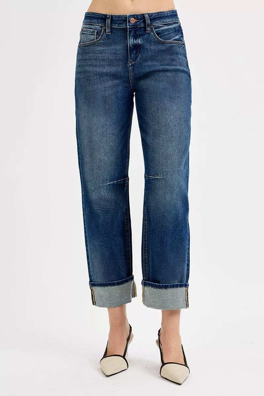 RISEN Slouchy Crop Barrel Cuffed Jeans - Trendsi - Flyclothing LLC