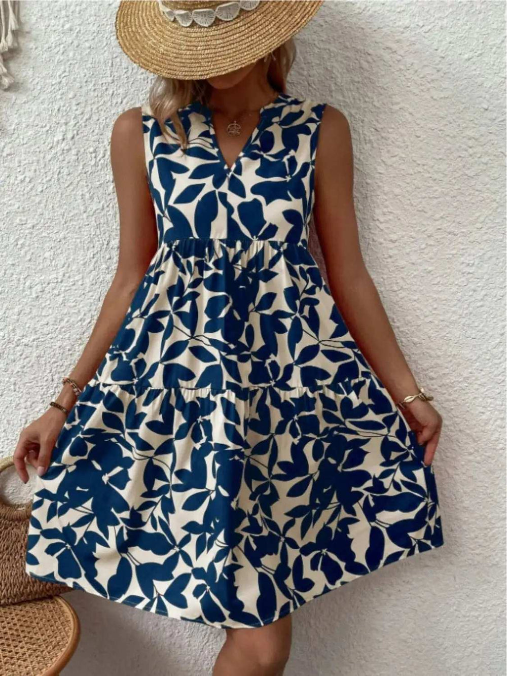 Printed Notched Sleeveless Mini Dress - Trendsi - Flyclothing LLC