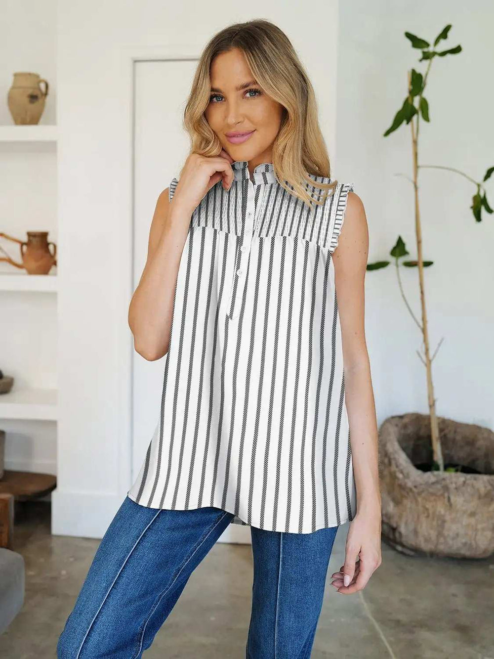 Frill Printed Mock Neck Top - Trendsi - Flyclothing LLC