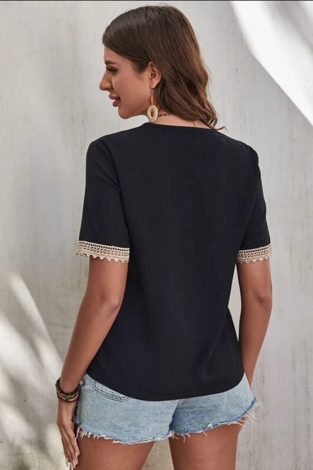 Full Size Lace Detail V-Neck Short Sleeve Blouse - Trendsi