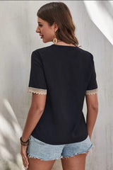 Full Size Lace Detail V-Neck Short Sleeve Blouse - Trendsi