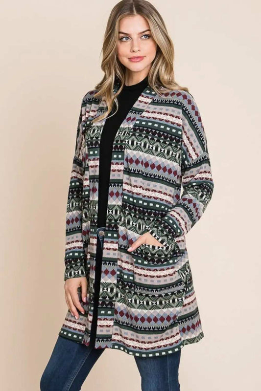 BOMBOM Geometric Open Front Long Sleeve Cardigan with Pockets - Trendsi - Flyclothing LLC