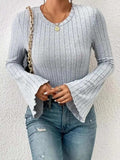 Ribbed Round Neck Flare Sleeve T-Shirt - Trendsi - Flyclothing LLC