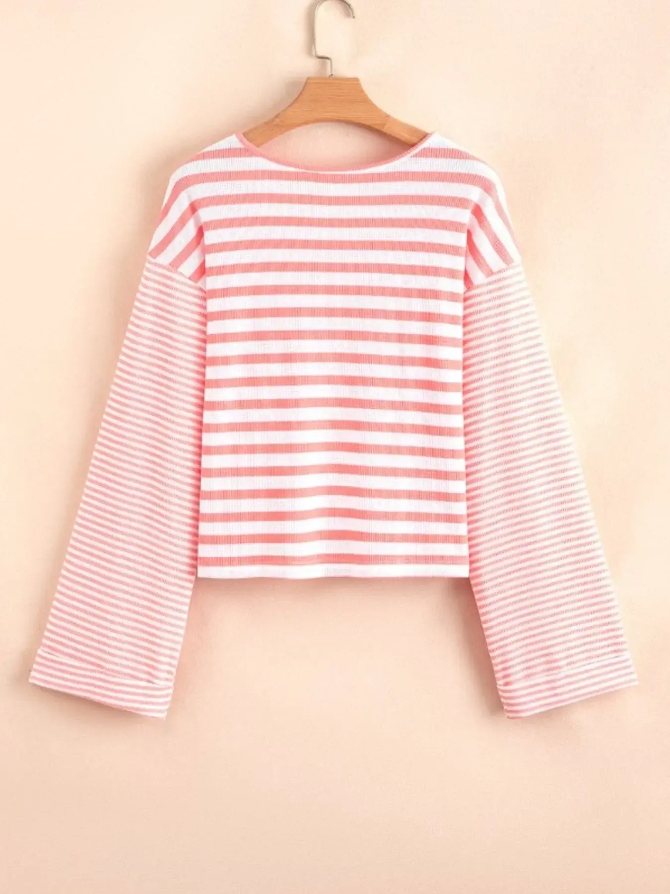 Striped Long Sleeve Ribbed Blouse - Trendsi - Flyclothing LLC