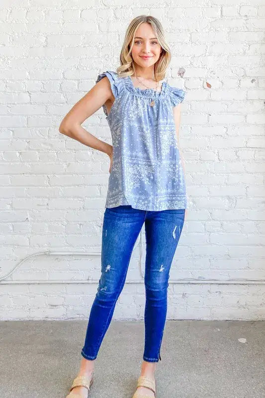 And The Why Boho Print Rayon Linen Ruffle Baby Doll Tank Top - Trendsi - Flyclothing LLC