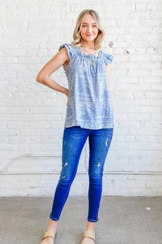 And The Why Boho Print Rayon Linen Ruffle Baby Doll Tank Top - Trendsi