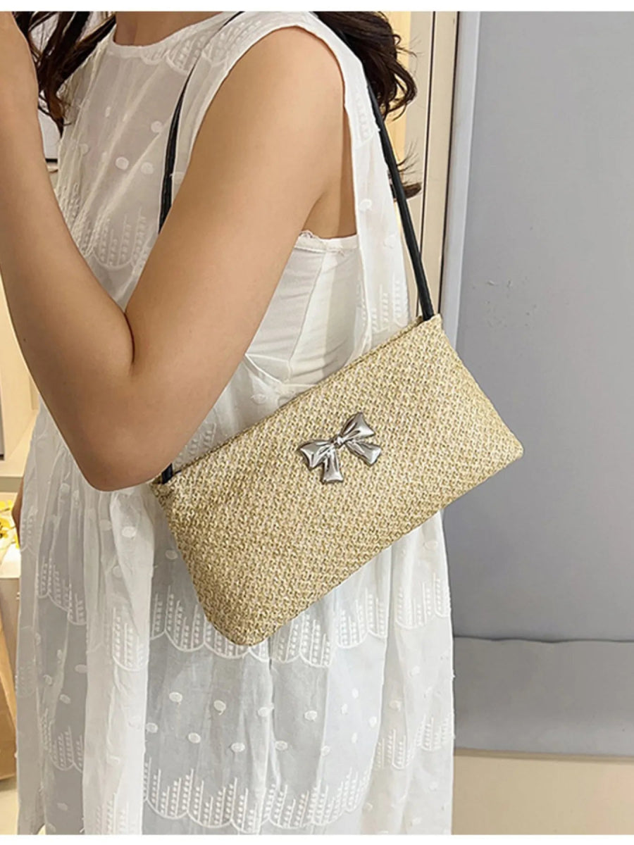 Woven Straw Shoulder Bag with Bow Detail - Trendsi