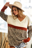 BiBi Waffle Knit Leopard Color Block V-Neck Top - Trendsi