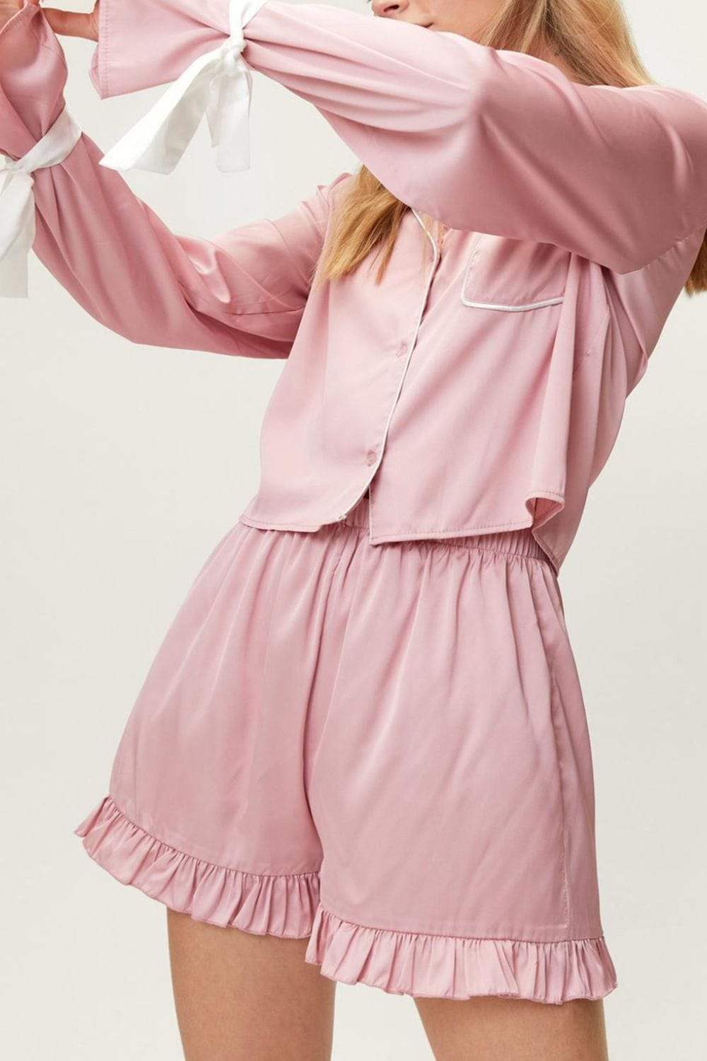 Basic Bae Tied Cuff Collared Neck Top and Frill Shorts Lounge Set - Trendsi - Flyclothing LLC