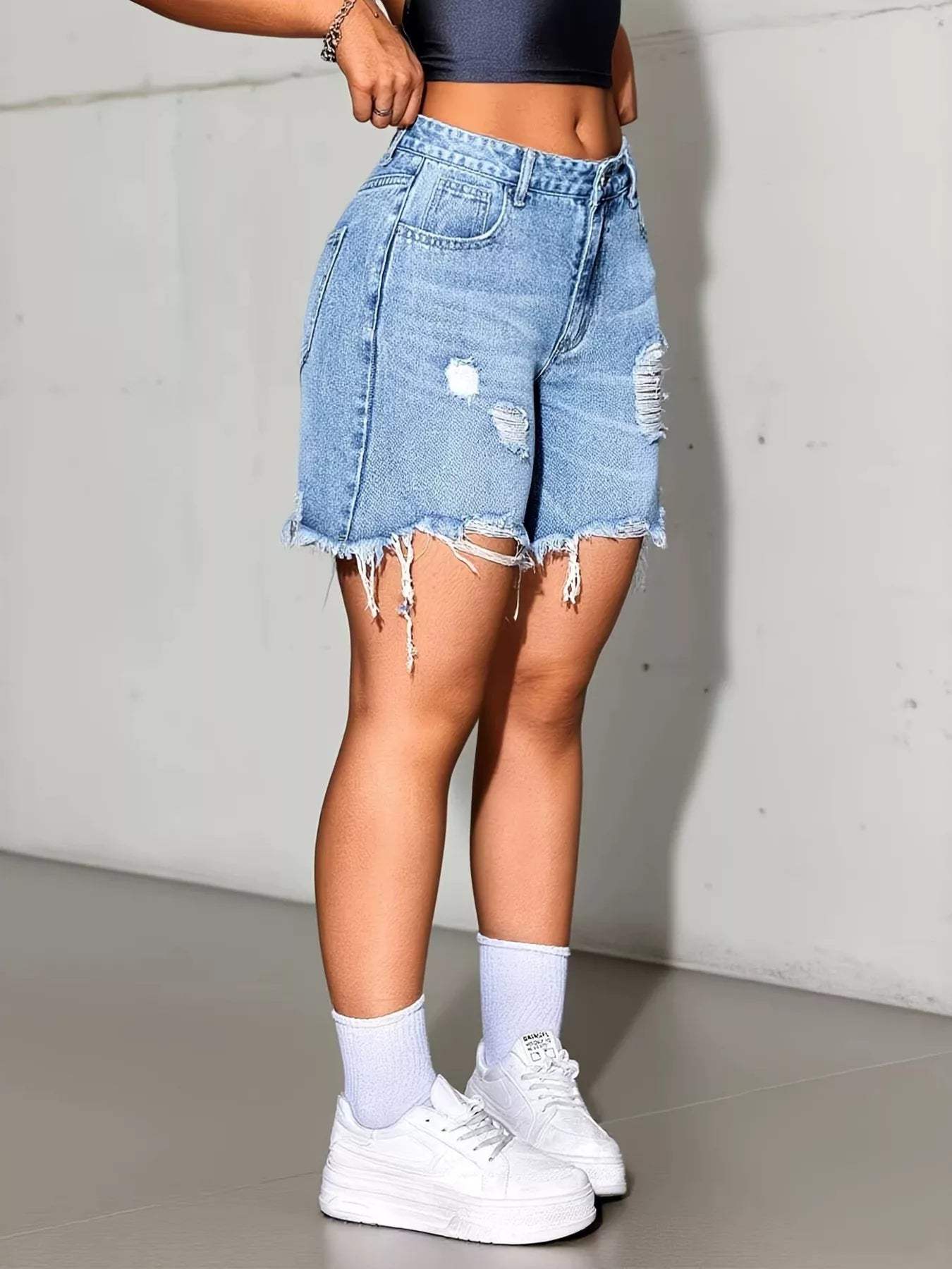 Distressed High Waist Denim Shorts - Trendsi - Flyclothing LLC