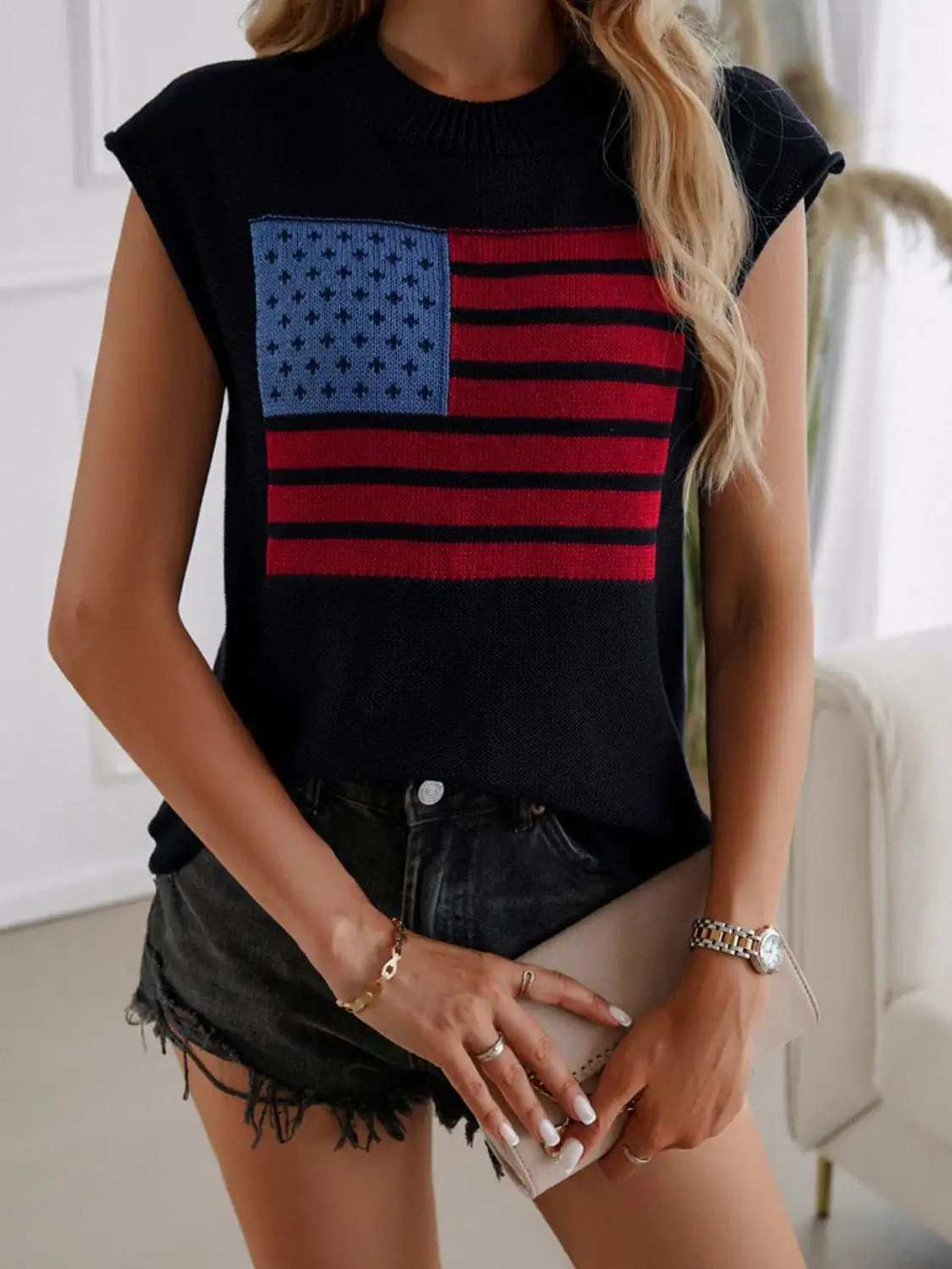 Devine US Flag Round Neck Sweater Vest - Trendsi - Flyclothing LLC