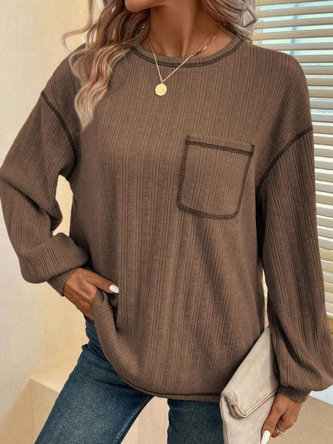 Mandy Contrast Stitching Round Neck Long Sleeve T-Shirt - Trendsi - Flyclothing LLC