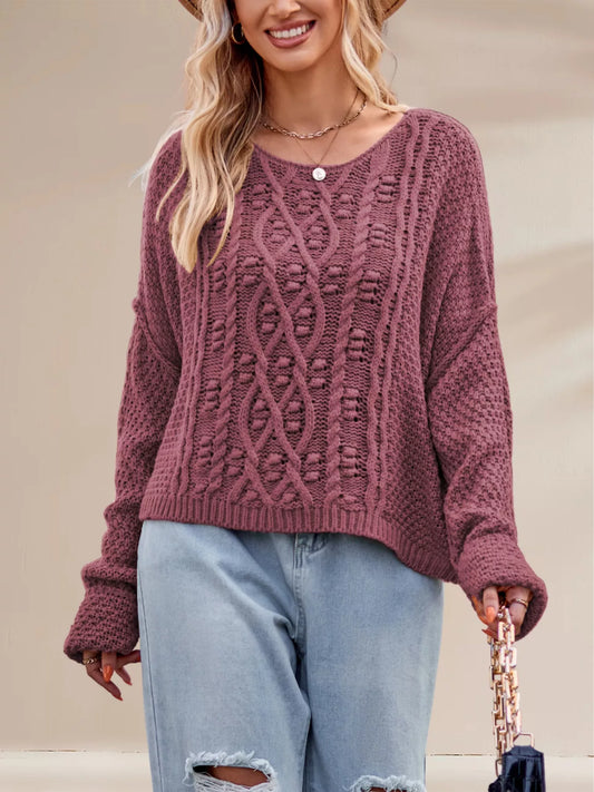 Textured Knit Round Neck Sweater - Trendsi - Flyclothing LLC