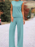 Casual Solid Color Cap Sleeve Top and Pants Knit Set - Trendsi - Flyclothing LLC