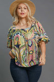 Umgee Full Size Abstract Print Smocked Square Neck Puff Sleeve Blouse - Trendsi - Flyclothing LLC
