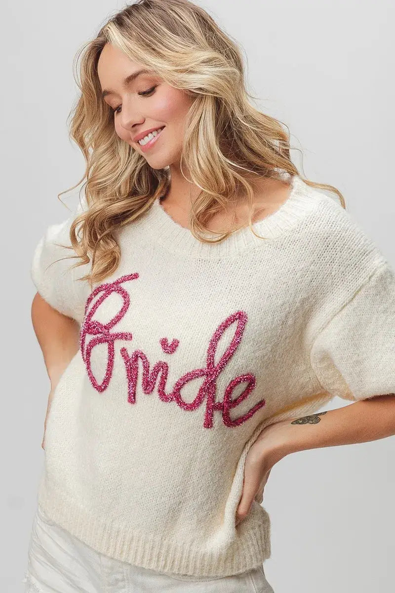 BiBi Metallic Letter Short Puff Sleeve Hairy Sweater - Trendsi - Flyclothing LLC